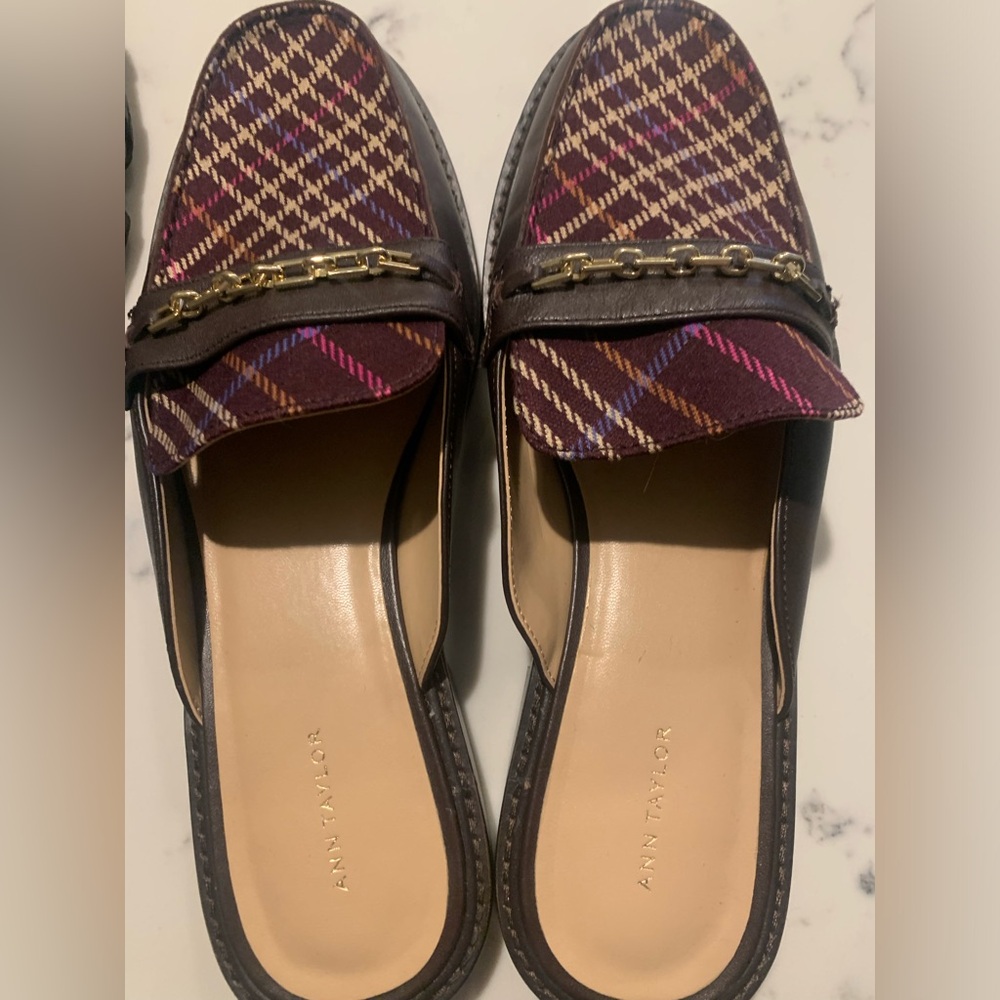 Ann Taylor Brown Plaid Slip-On Loafers